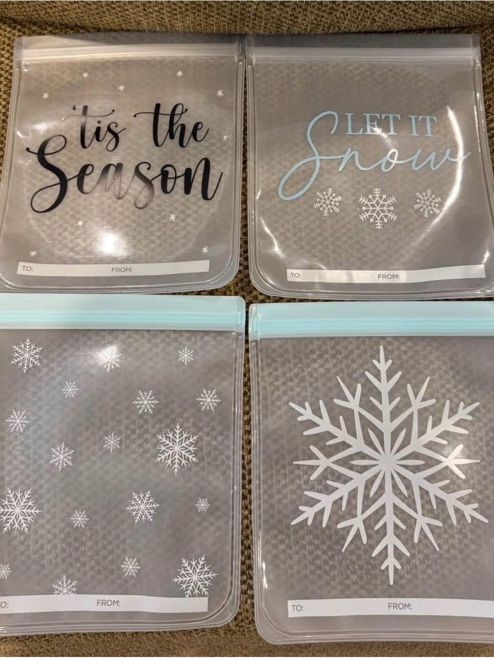 Set of 4 Holiday Reusable Storage Bags - Clear with White & Light Blue Accents